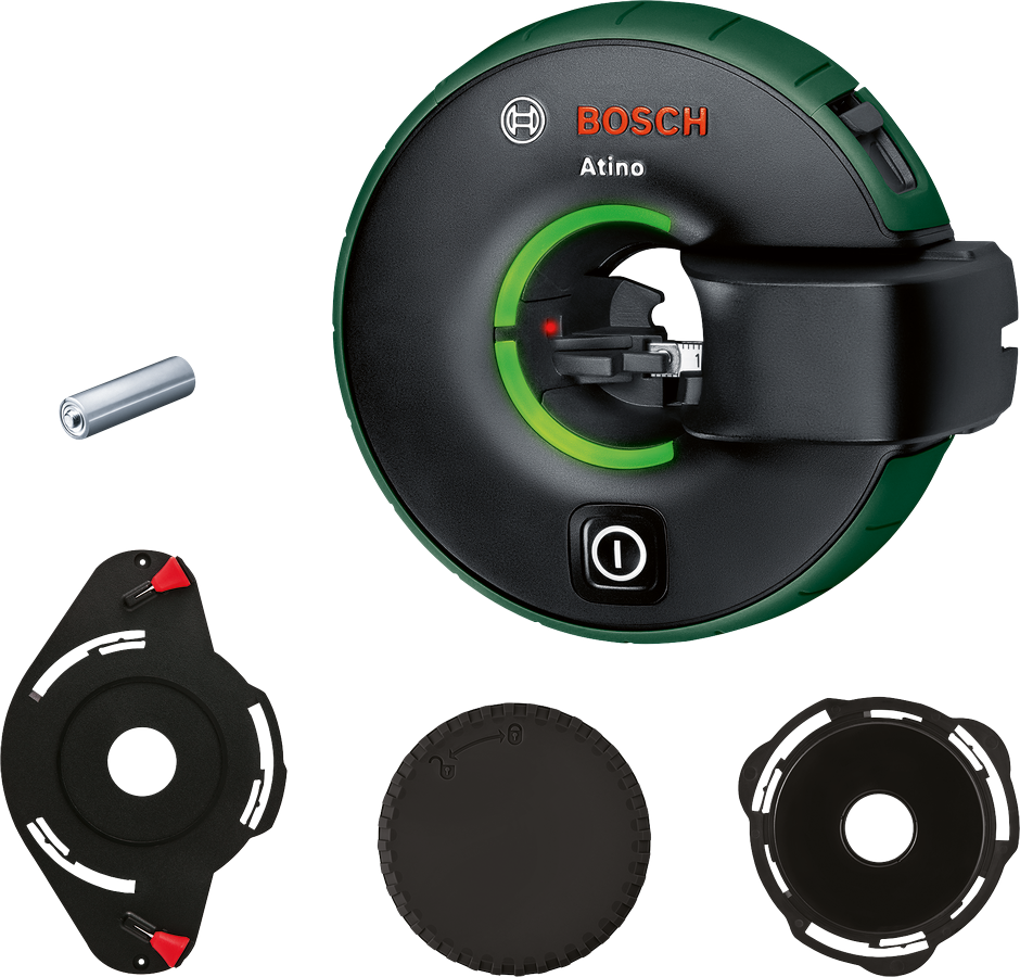 Bosch Atino lézeres szintező tartozékokkal. Tartalmaz egy szöget és különböző rögzítőelemeket.