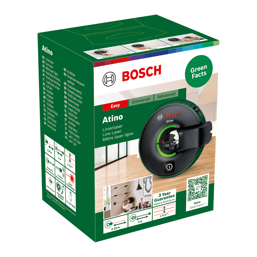 Bosch Atino vonallézer doboz; zöld és fekete doboz termékadatokkal és egy lézeres szintező képpel.