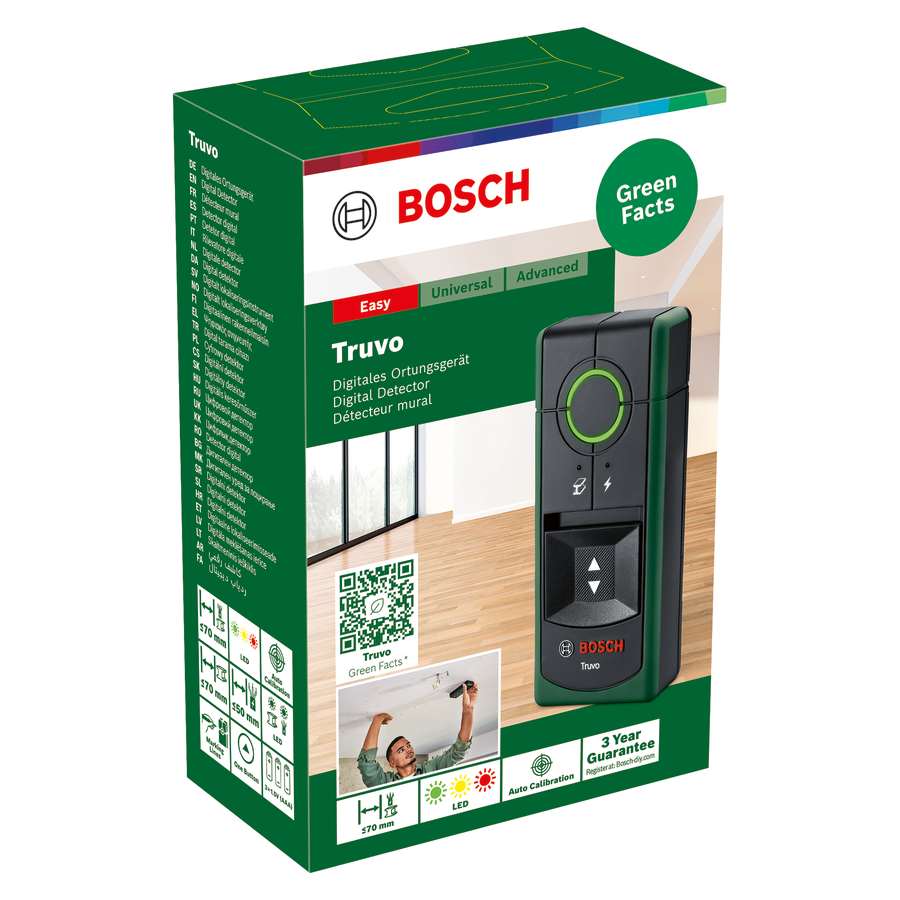 Bosch Truvo digitális detektor doboz. A doboz zöld, fekete és fehér. Útmutató a dobozon.