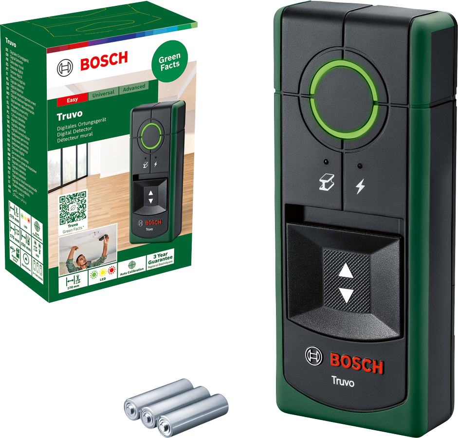 Bosch Truvo detektor dobozzal és három elemmel.