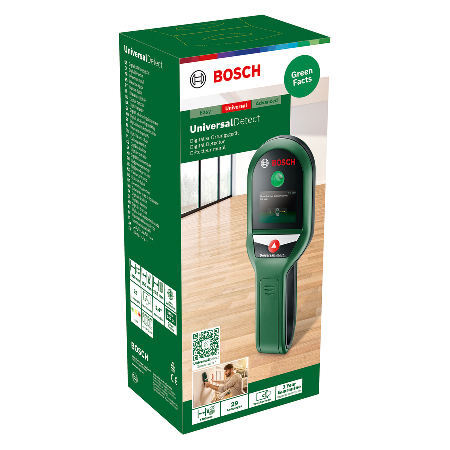 Bosch UniversalDetect digitális detektor doboza termékképpel, szöveggel és Green Facts márkajelzéssel.