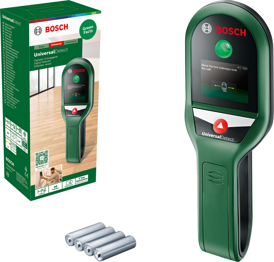Egy Bosch gerinc kereső, zöld és fekete, dobozzal és elemekkel, fehér háttér előtt.