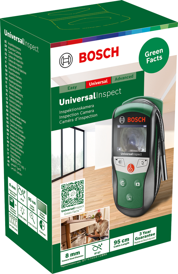 Bosch UniversalInspect kamera doboza, zöld és fehér, a készülék képével.