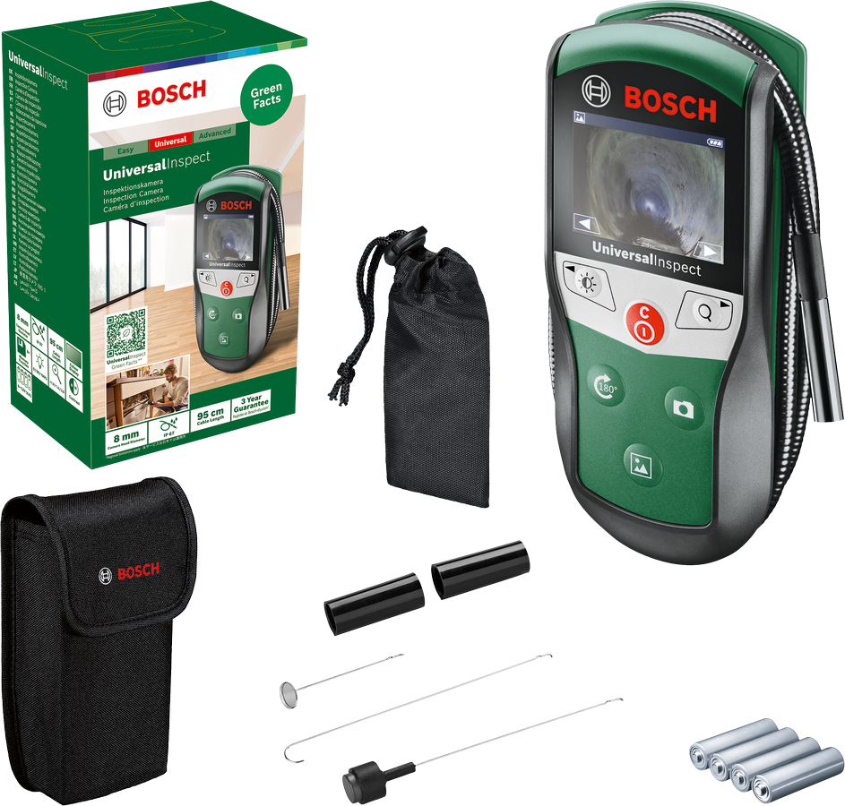 Bosch UniversalInspect vizsgáló kamera tartozékokkal. Egy fekete táska és egyéb tárgyak láthatók.