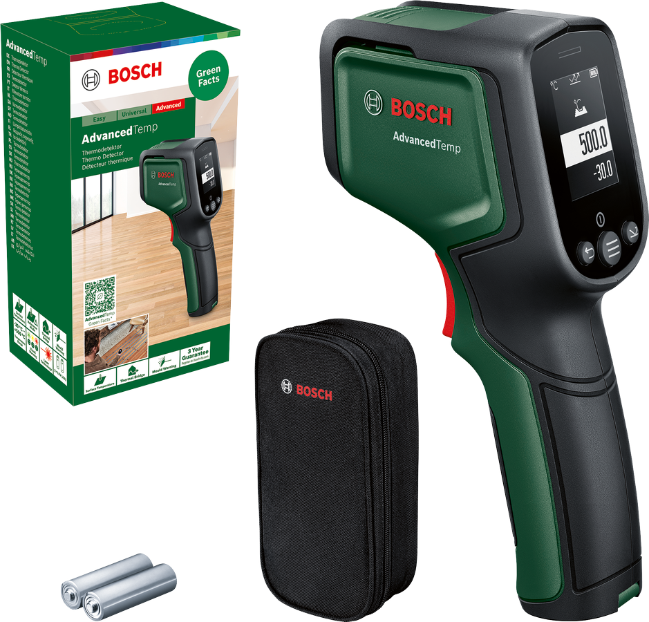 Bosch AdvancedTemp hőkamera; fekete-zöld eszköz képernyővel, dobozzal és tartozékokkal.