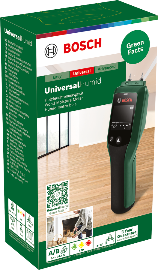 Bosch Universal Humid fa nedvességmérő zöld dobozban. A mérőt és egy használót mutat.