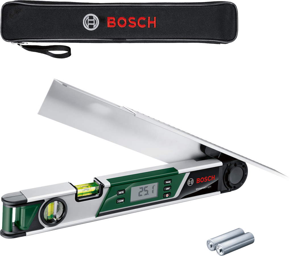 Bosch digitális szögmérő védőtokkal és elemekkel.