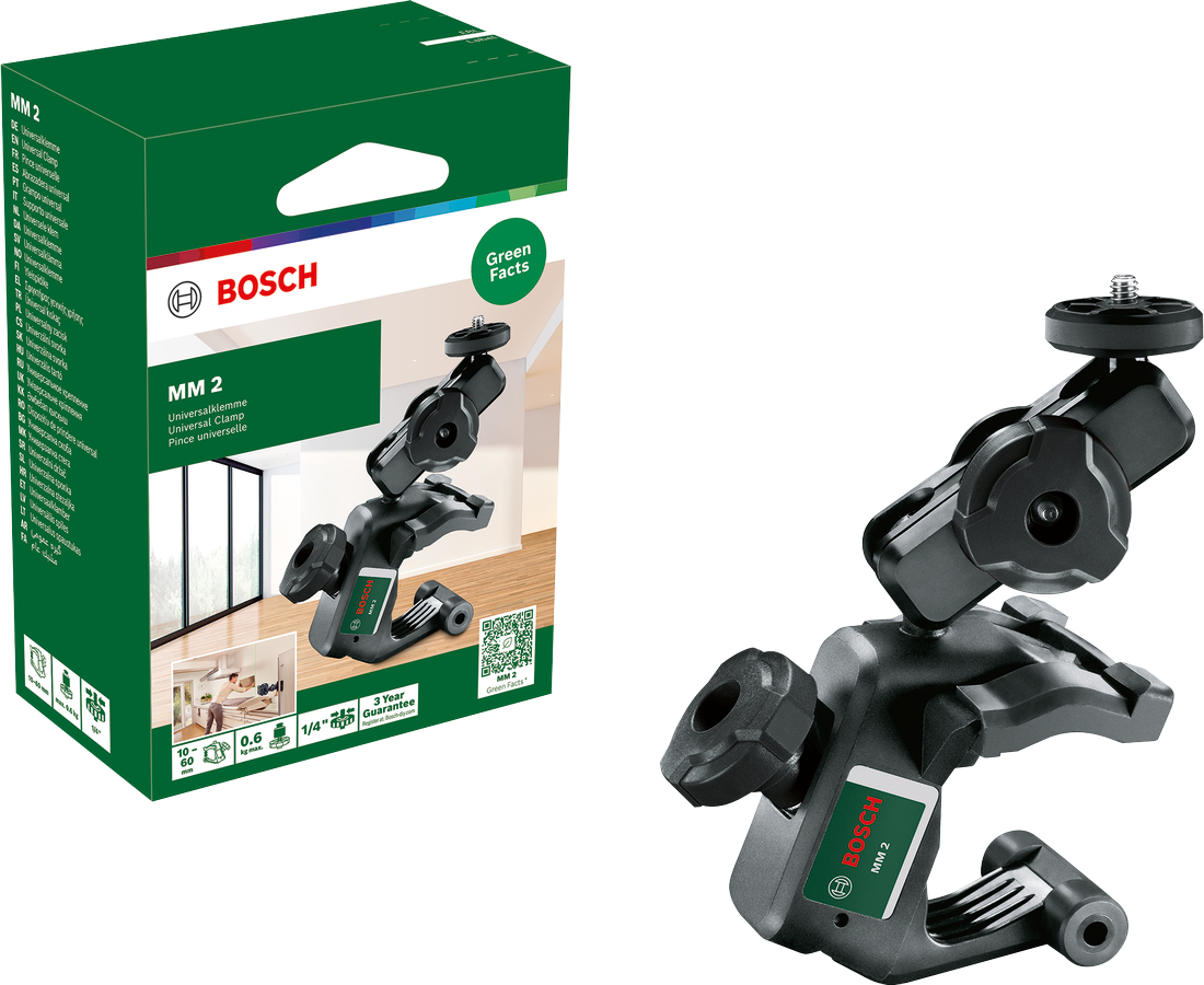 Bosch MM 2 univerzális szorító doboz és a szorító. A doboz zöld és fehér, a szorító fekete.