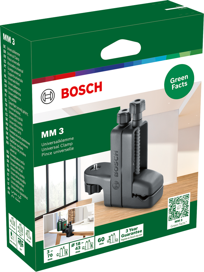 Bosch MM 3 univerzális bilincs csomagolása fehér háttéren, egy ablakban belső jelenettel.
