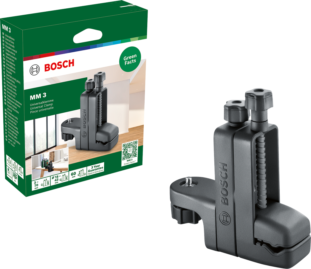Egy Bosch MM 3 univerzális bilincskészlet és a doboza. Fekete bilincs a Bosch logóval.