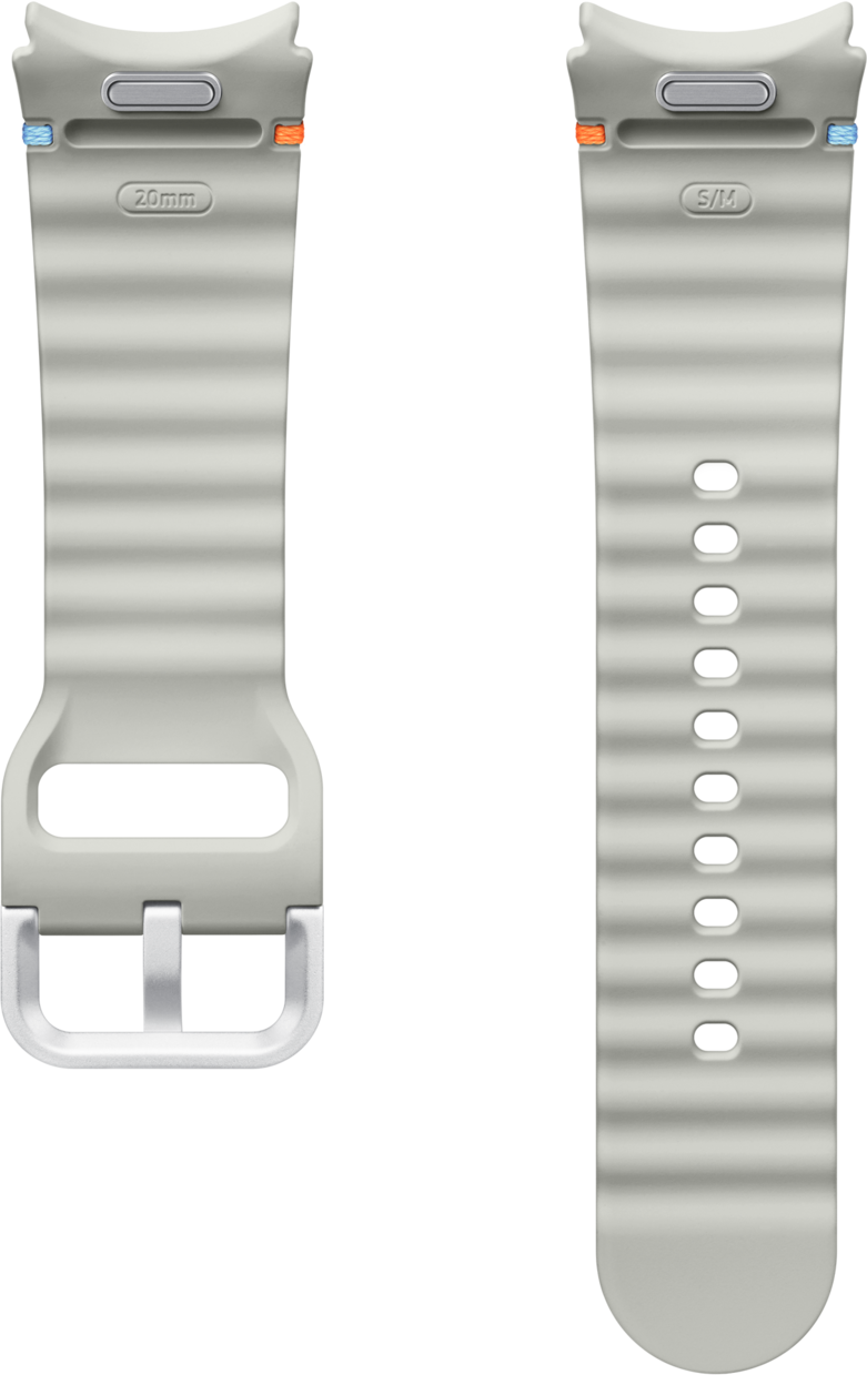 Due cinturini grigio chiaro con fibbia e fori di regolazione.