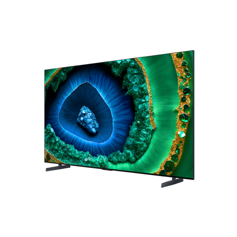 Mavi ve yeşil temalı, renkli soyut bir tasarım gösteren büyük bir TV.