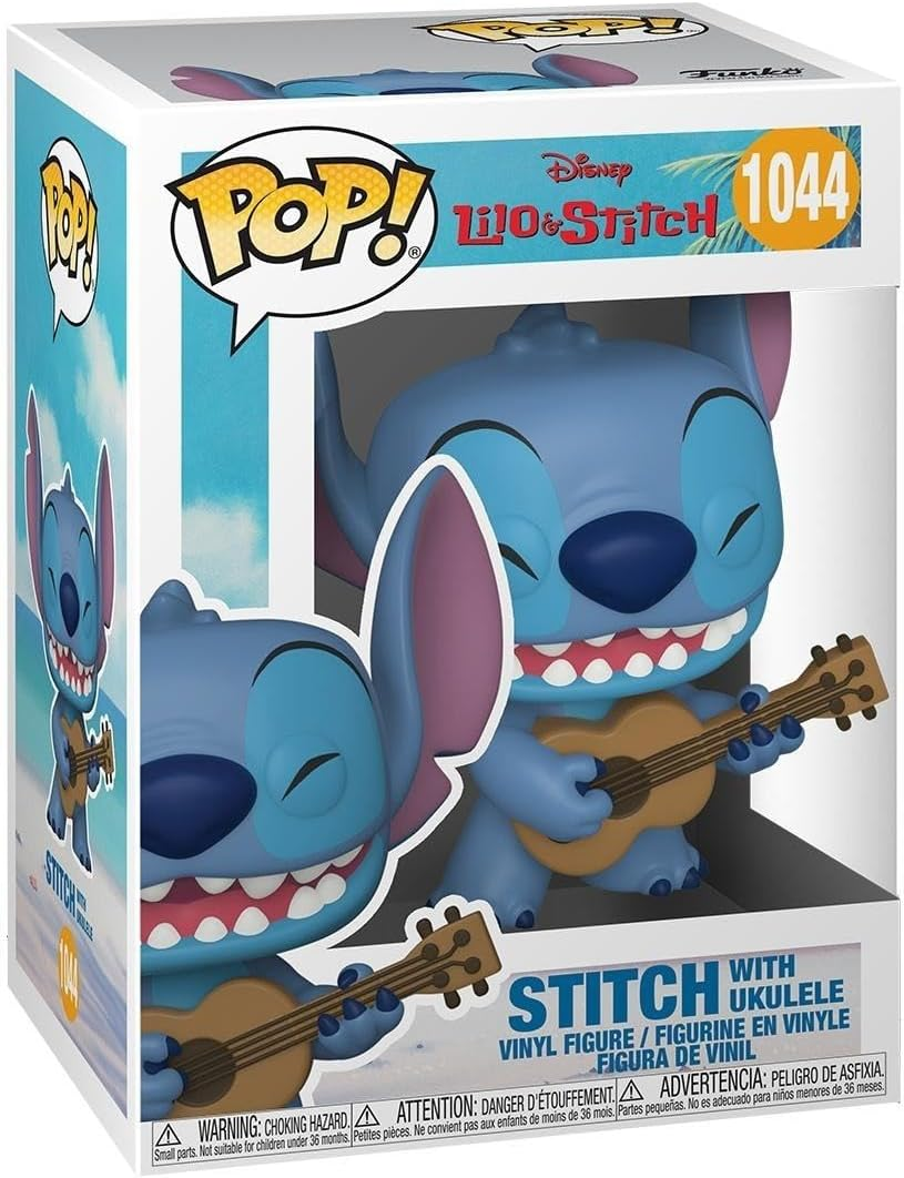 Dos figuras de Stitch en una caja, una tocando un ukelele. La caja dice Stitch y ukelele.
