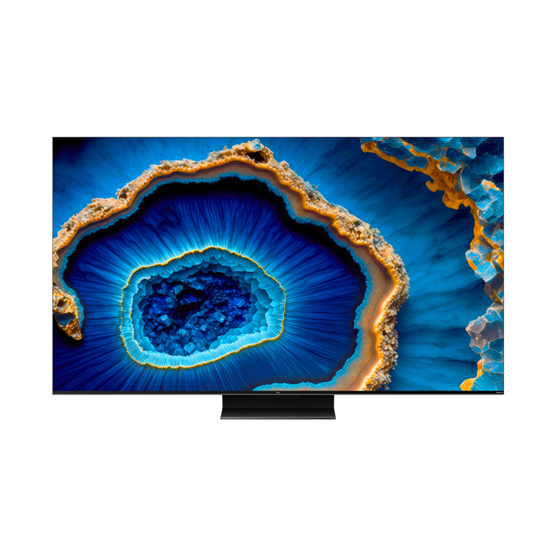 TV ekranında mavi ve turuncu soyut sanat, siyah çerçeve ve stand.