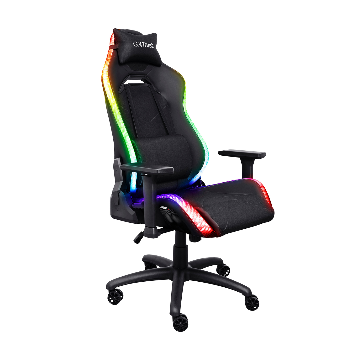 Sedia da gaming, nera con luci RGB sui lati e sul poggiatesta. Logo GXTrust sul poggiatesta.