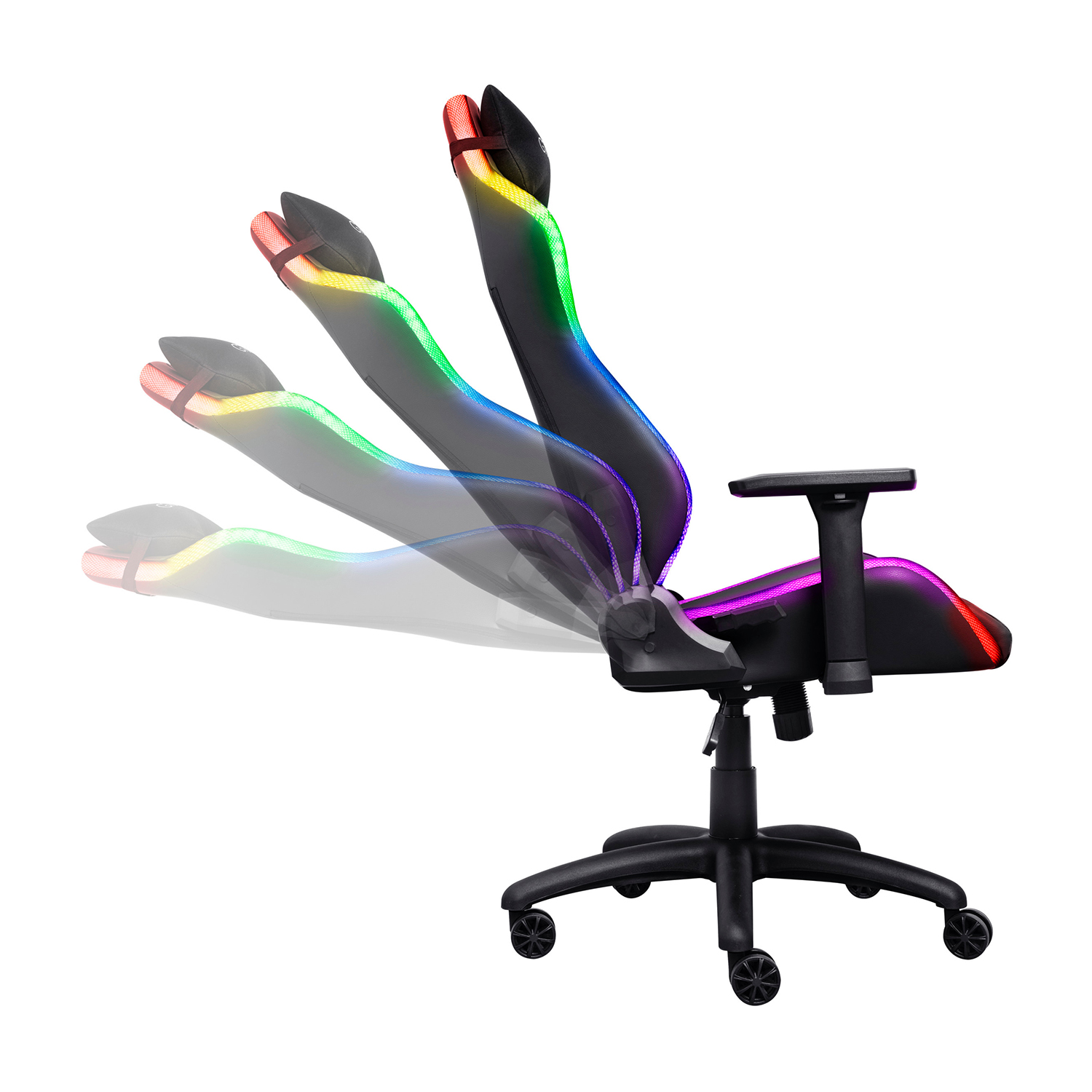 Sedia gaming nera con luci RGB. Diverse posizioni reclinabili. Sfondo bianco.