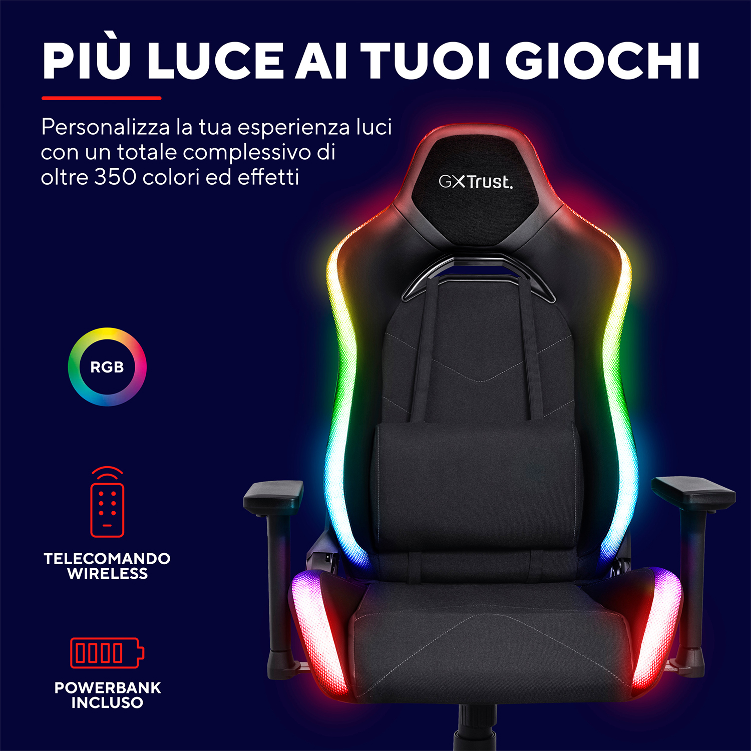 Sedia da gaming con luci RGB, seduta nera e testo che indica caratteristiche e marchio.