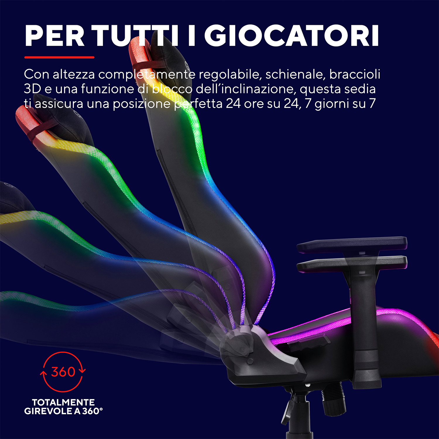 Sedia da gaming con schienale regolabile, braccioli e rotazione a 360 gradi. Illuminazione al neon visibile.