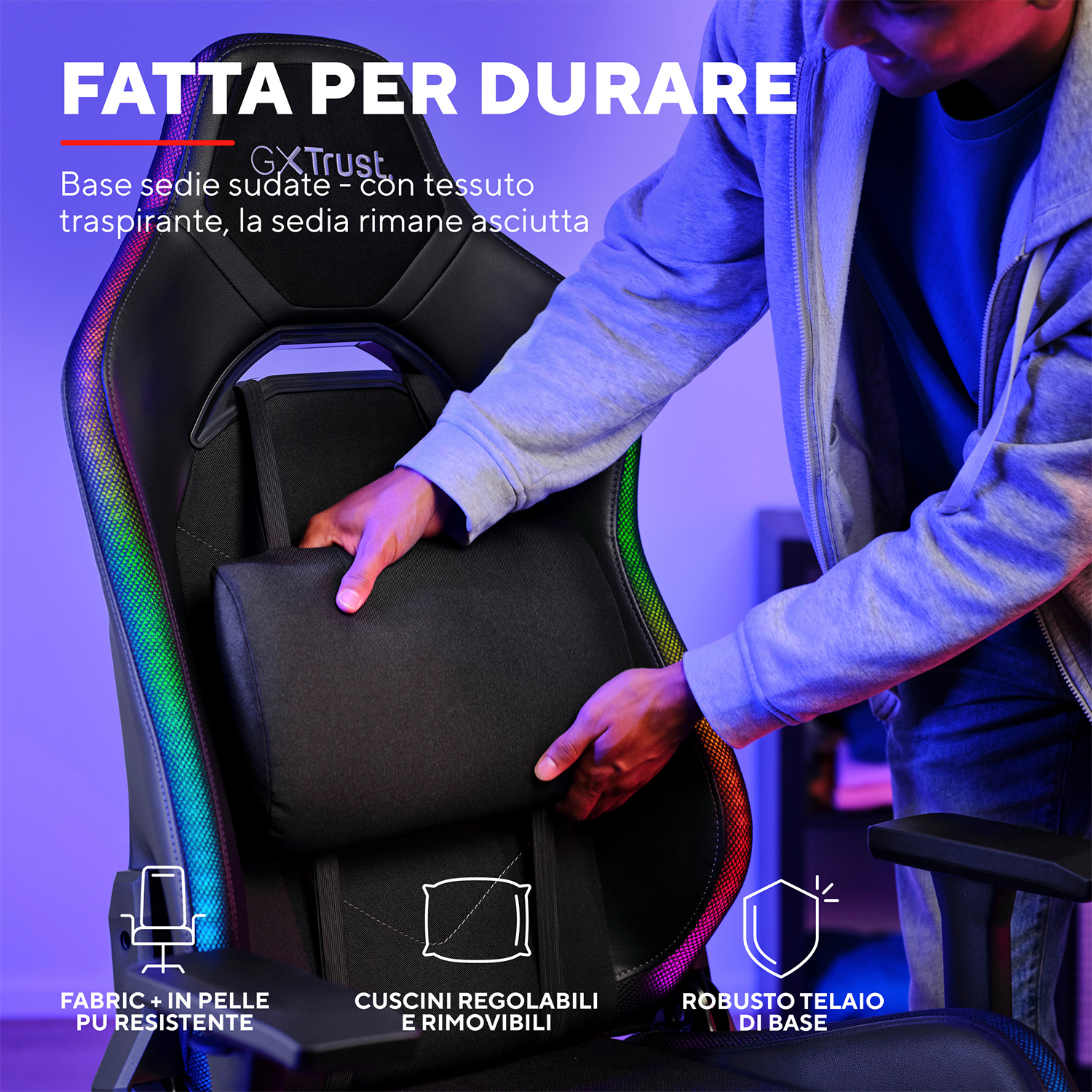 Sedia da gaming con luci rosse/verdi, cuscino regolabile.