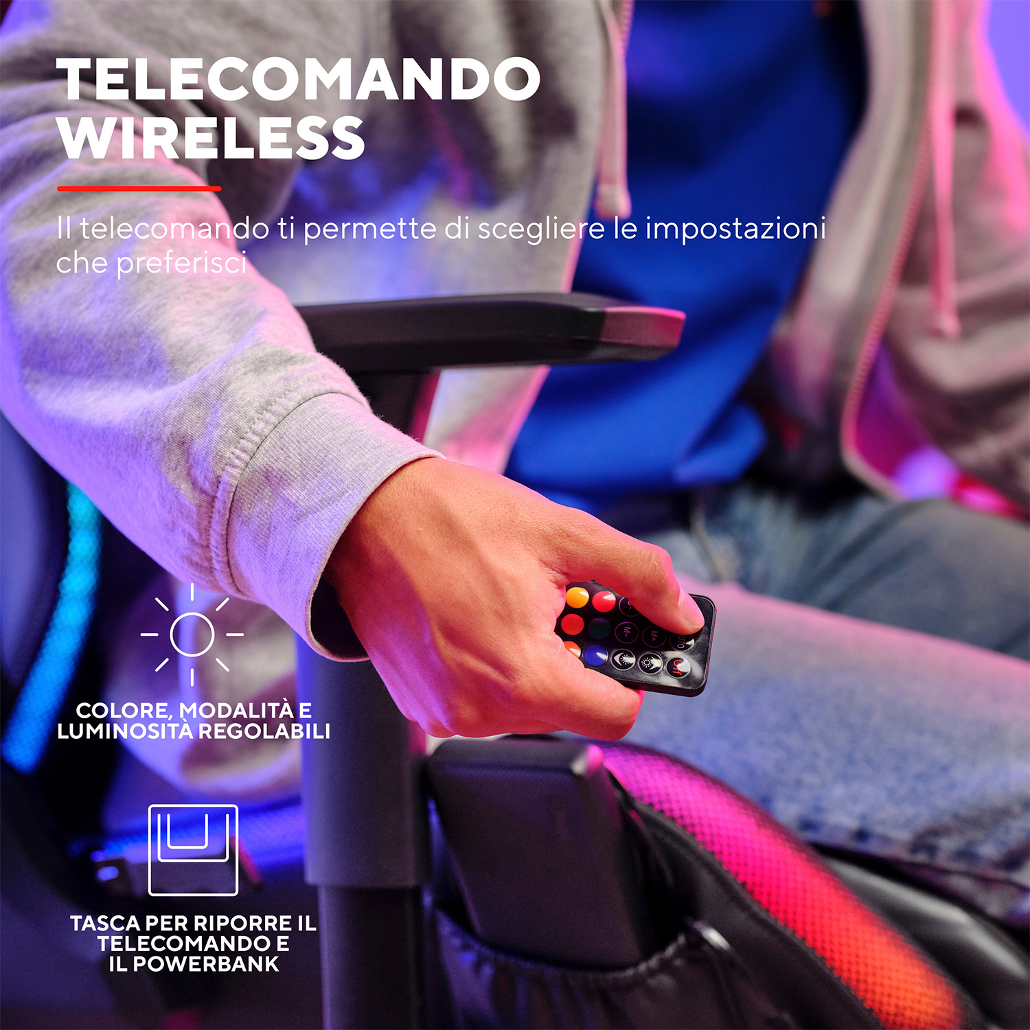 Una mano che tiene un telecomando wireless. Testo: Telecomando wireless. Colore, modalità e luminosità.