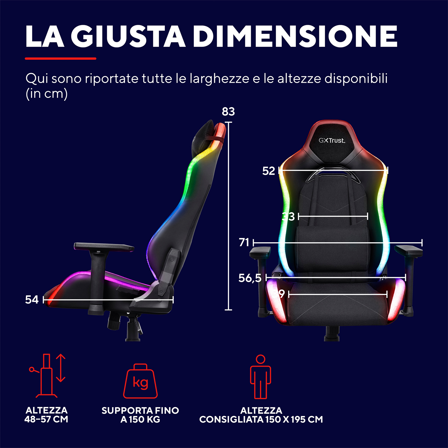 Una sedia da gaming con dimensioni e un'altezza consigliata.