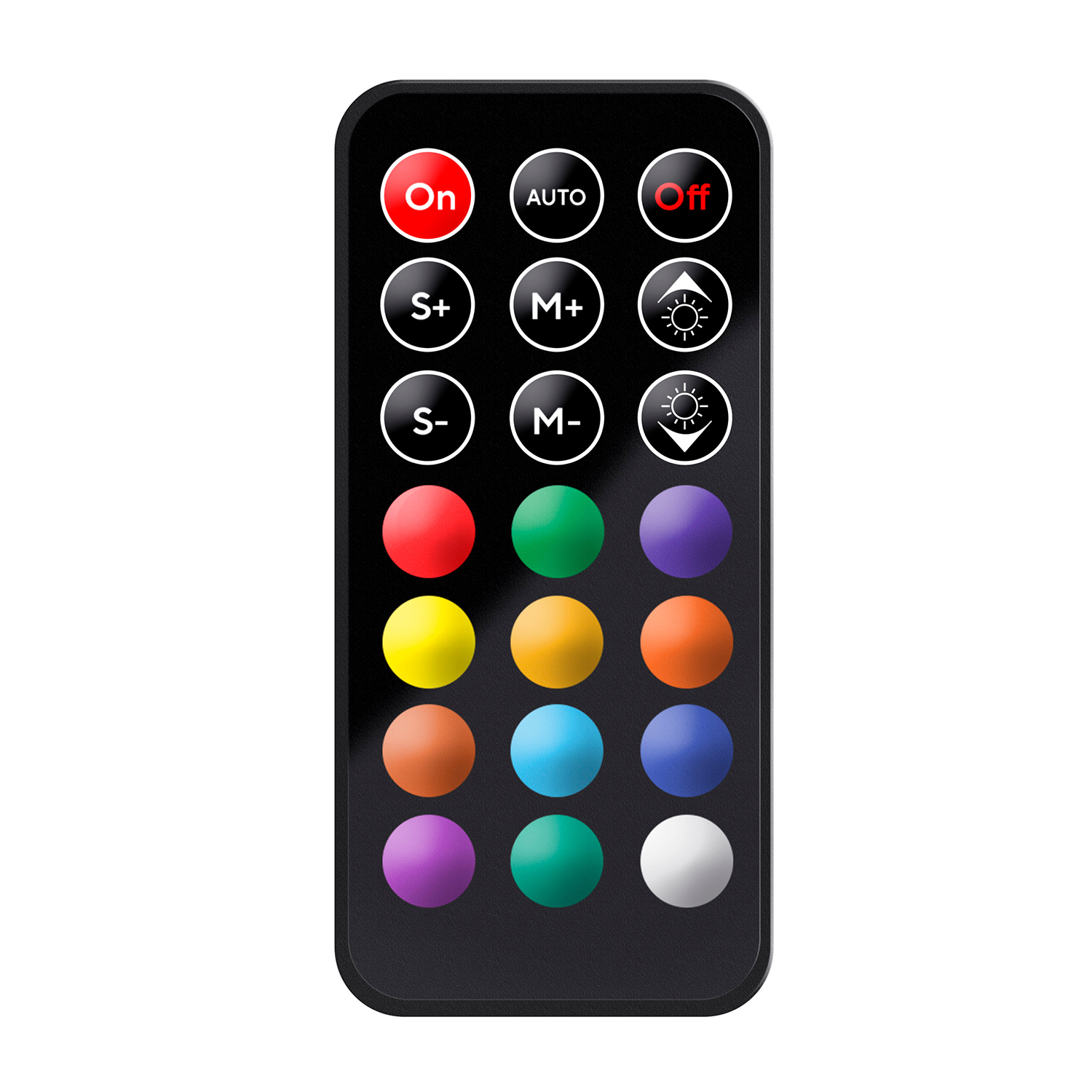 Telecomando nero con pulsanti colorati, inclusi i pulsanti rossi 'On' e 'Off'.
