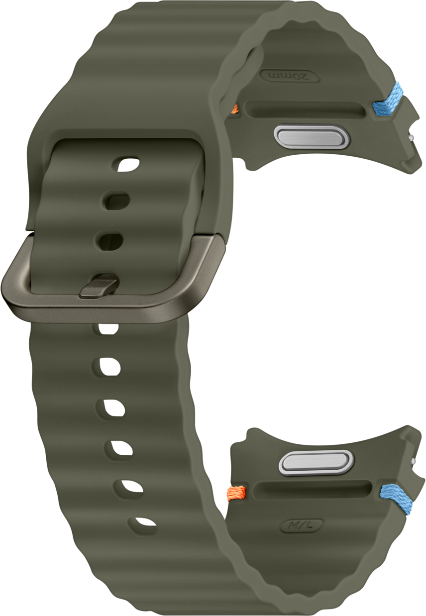 Bracelet de montre vert avec boucle argentée. Le bracelet a un design côtelé et des accents bleus.