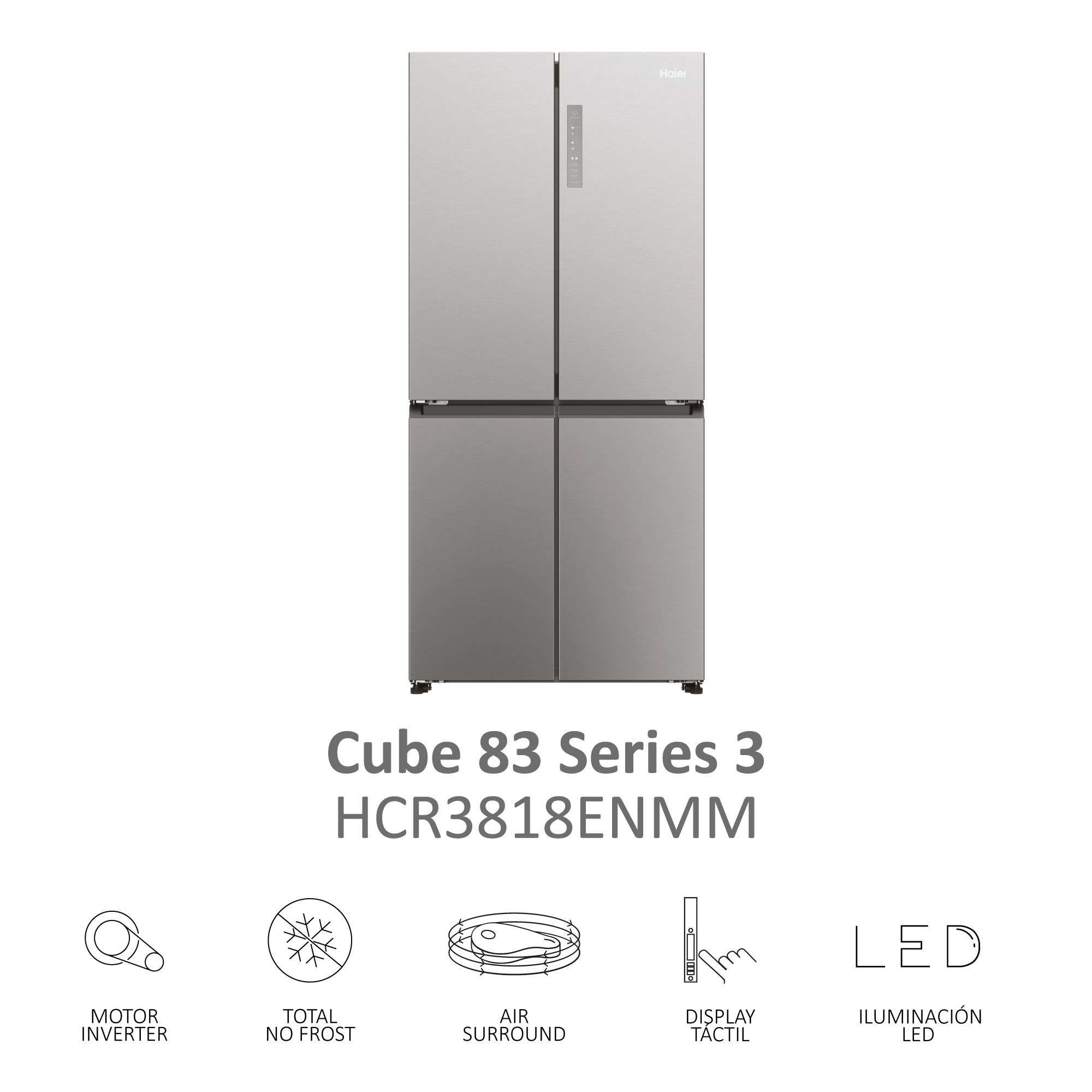 Un refrigerador plateado con cuatro puertas. El texto dice 'Cube 83 Series 3'.