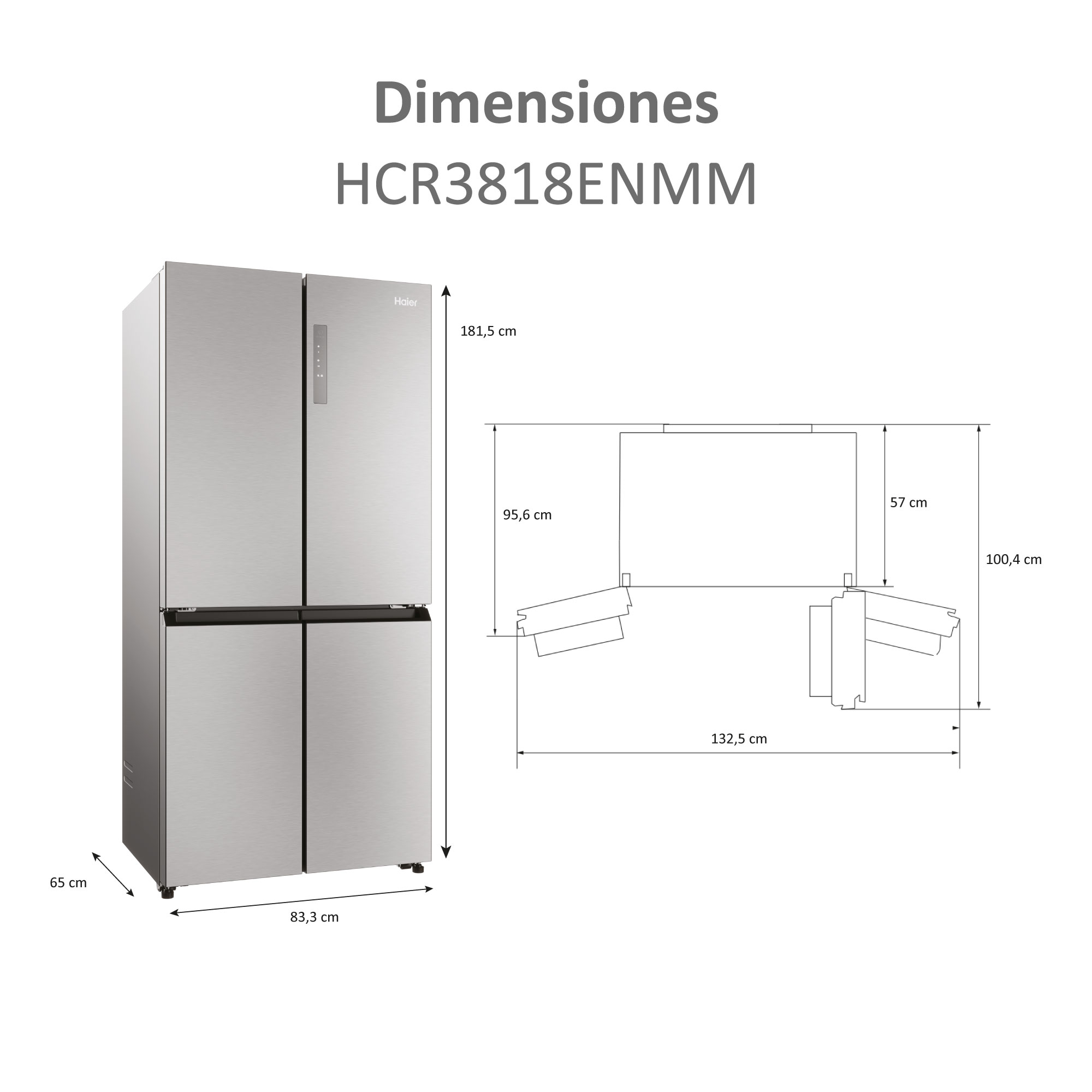 Un refrigerador Haier con dimensiones mostradas. El refrigerador es plateado, con cuatro puertas. Se muestran las dimensiones.