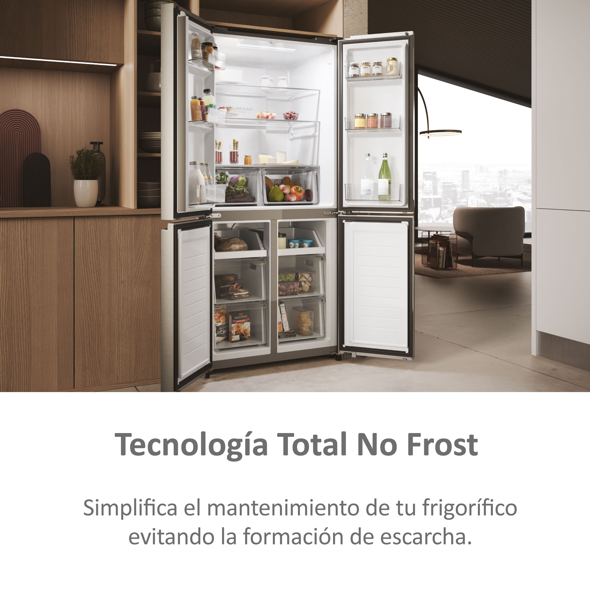Refrigerador con puertas abiertas, mostrando estantes con comida. Ambiente de cocina, luz brillante.