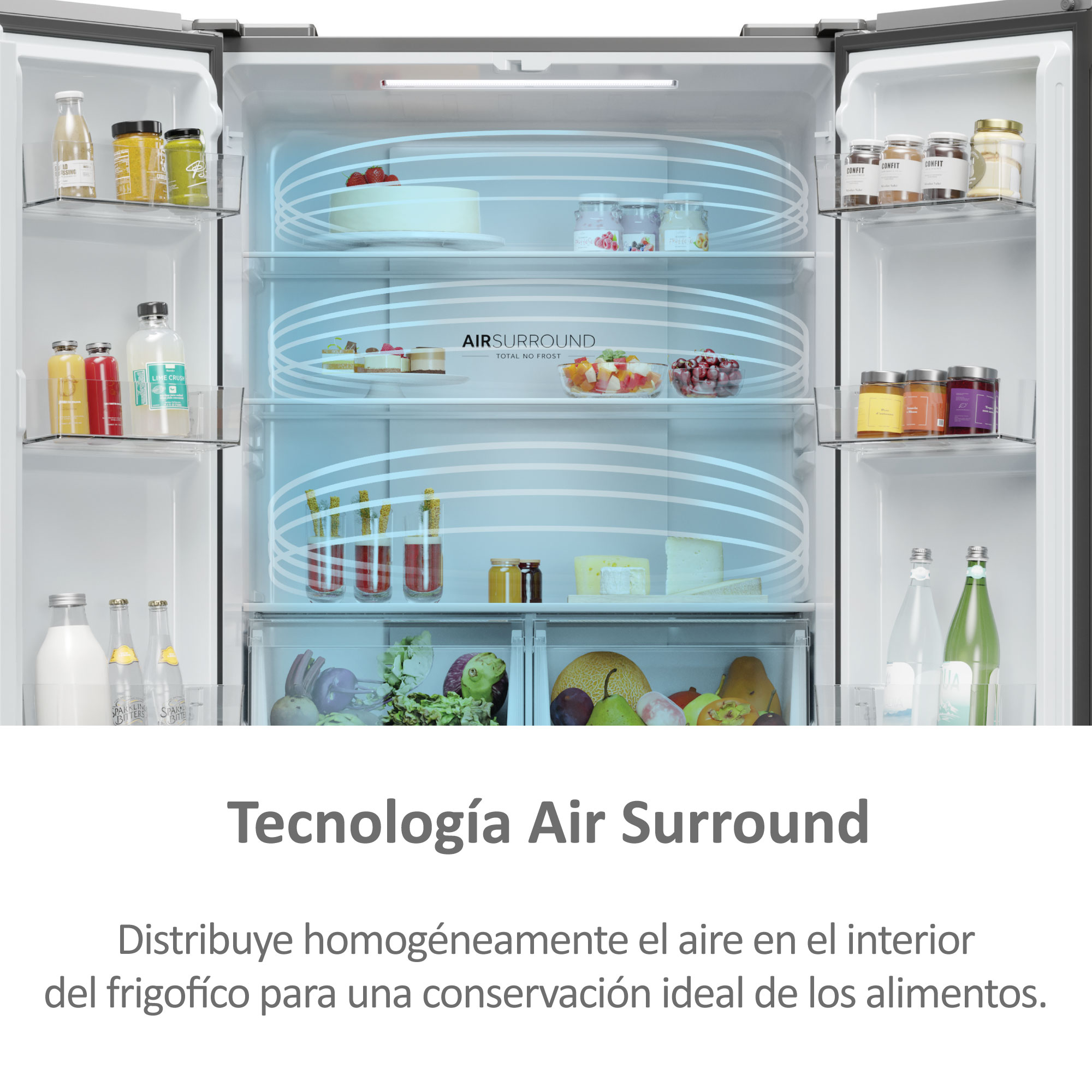 Interior del refrigerador con estantes de comida. Texto Air Surround visible.