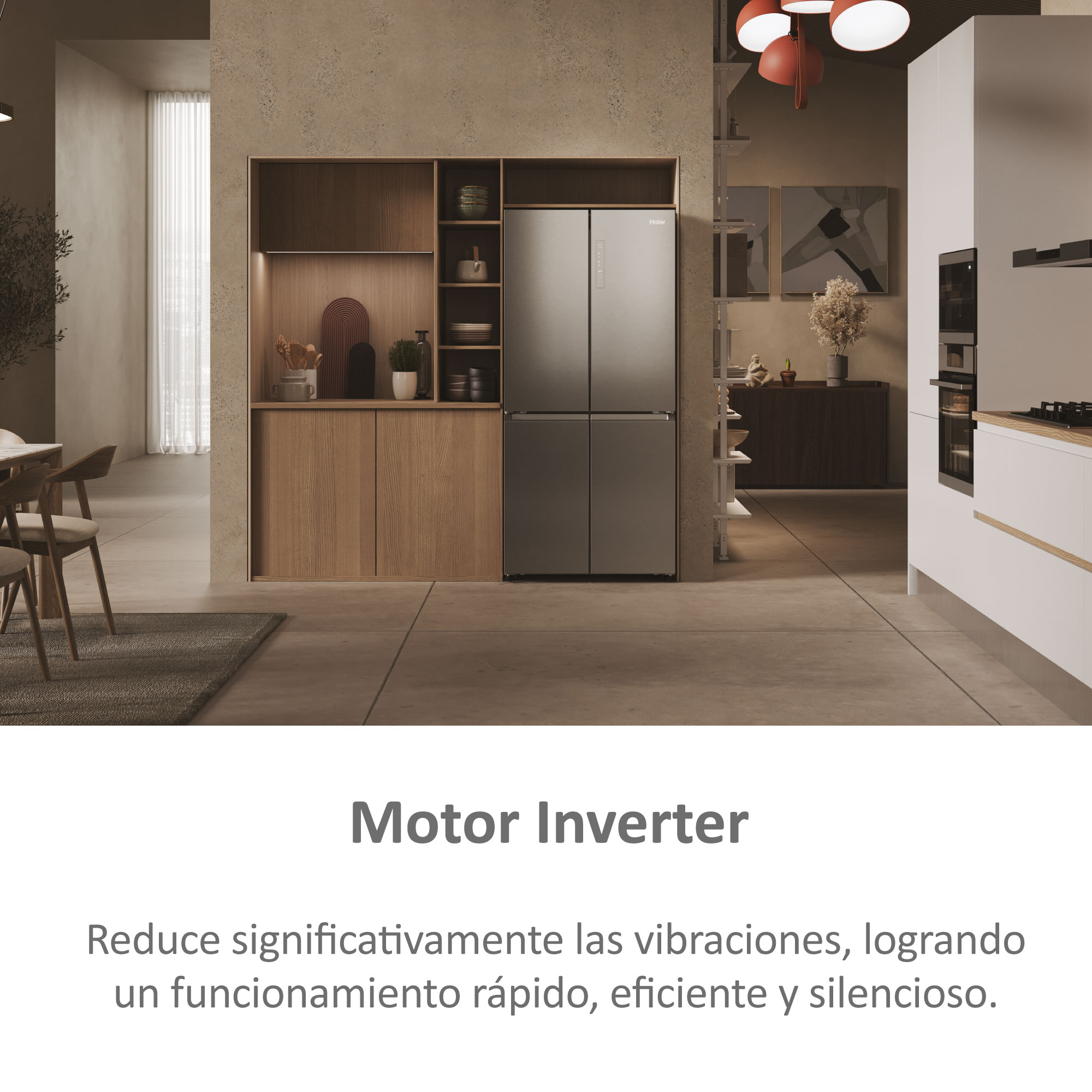 Cocina moderna con nevera de acero inoxidable, texto abajo.