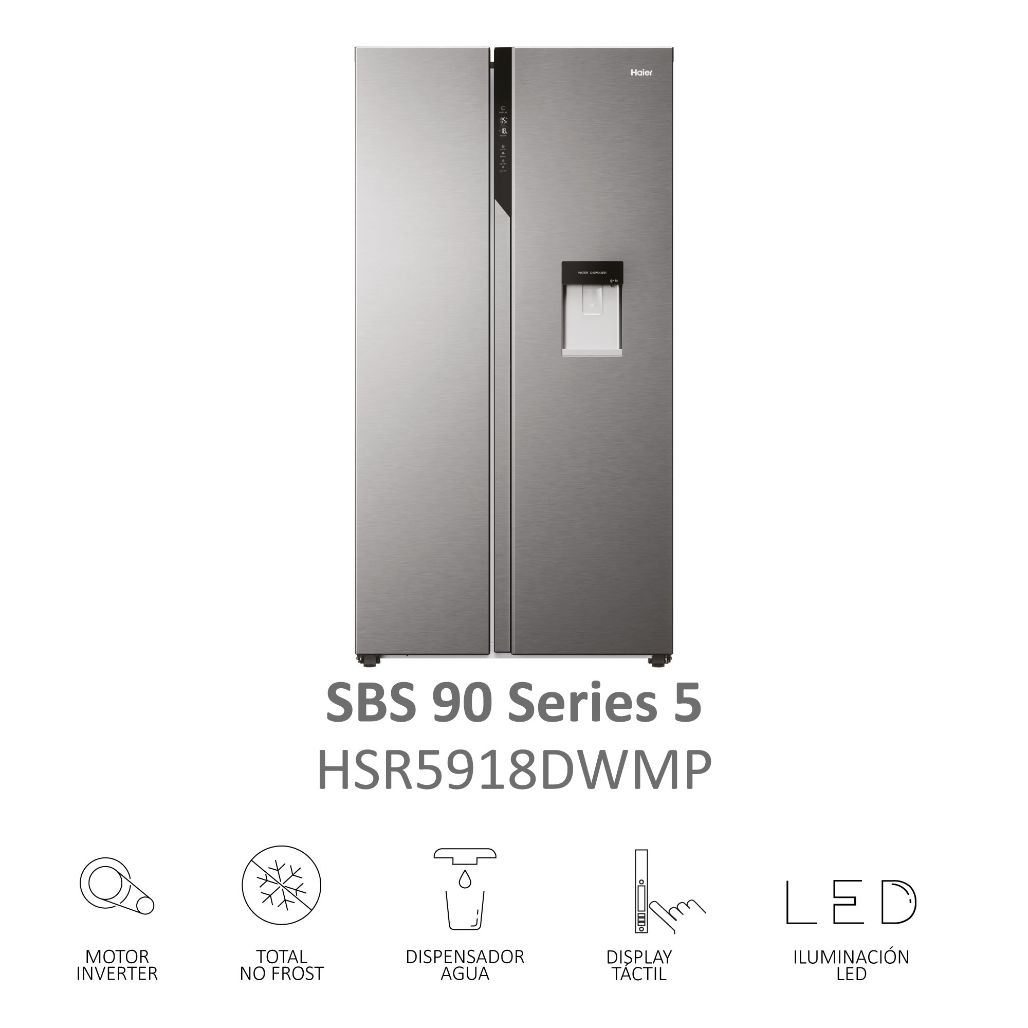 Refrigerador Haier de acero inoxidable. Tiene dos puertas con dispensador de agua a la derecha.