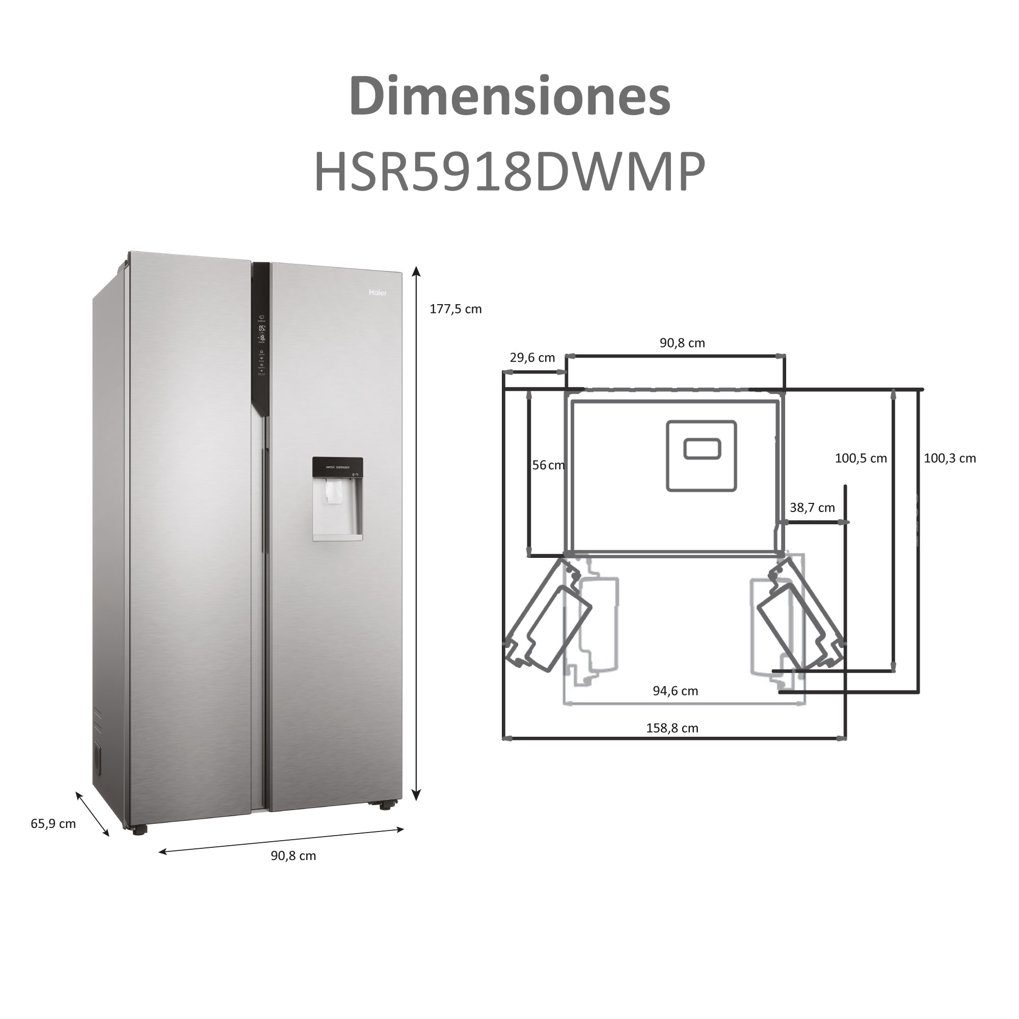 Un refrigerador Haier con dimensiones mostradas. Es plateado y tiene dispensador de agua.