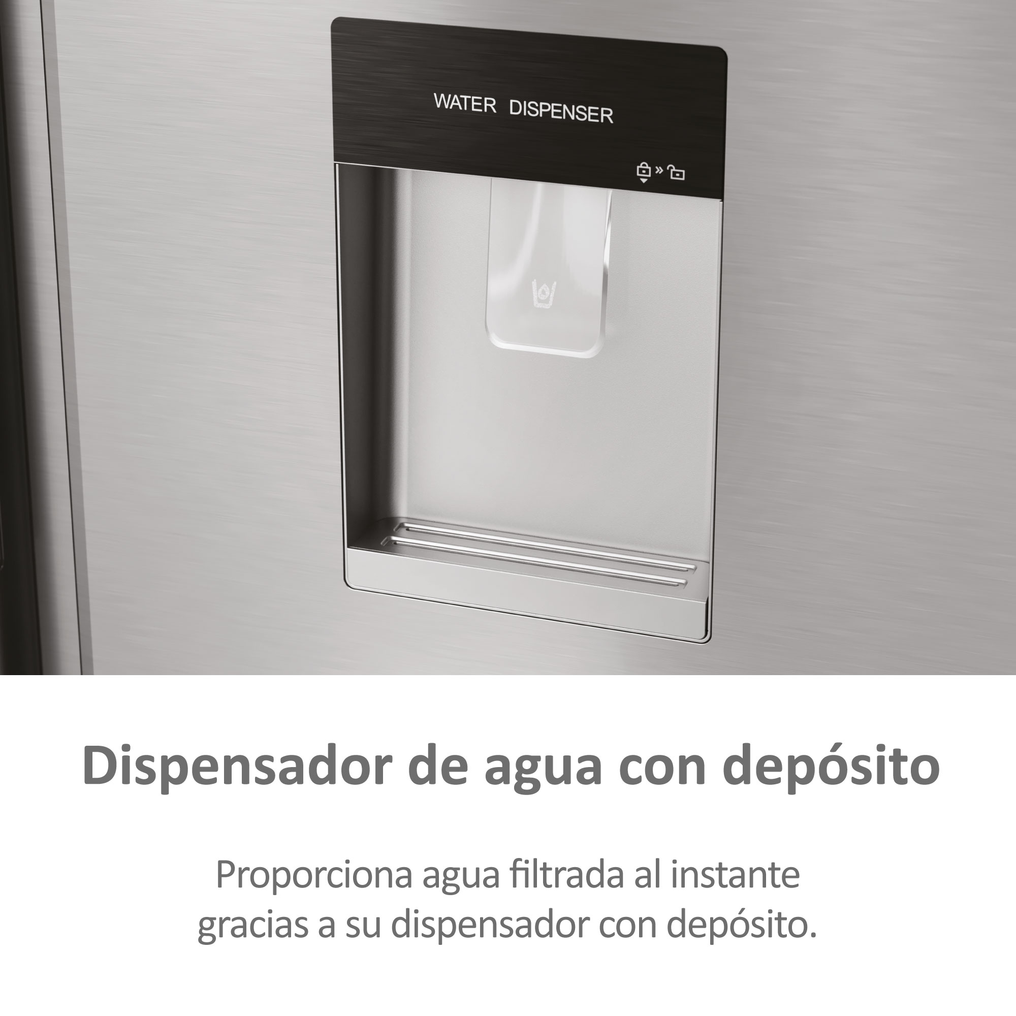 Puerta de refrigerador de acero inoxidable con dispensador de agua. Texto: 'Dispensador de agua'.