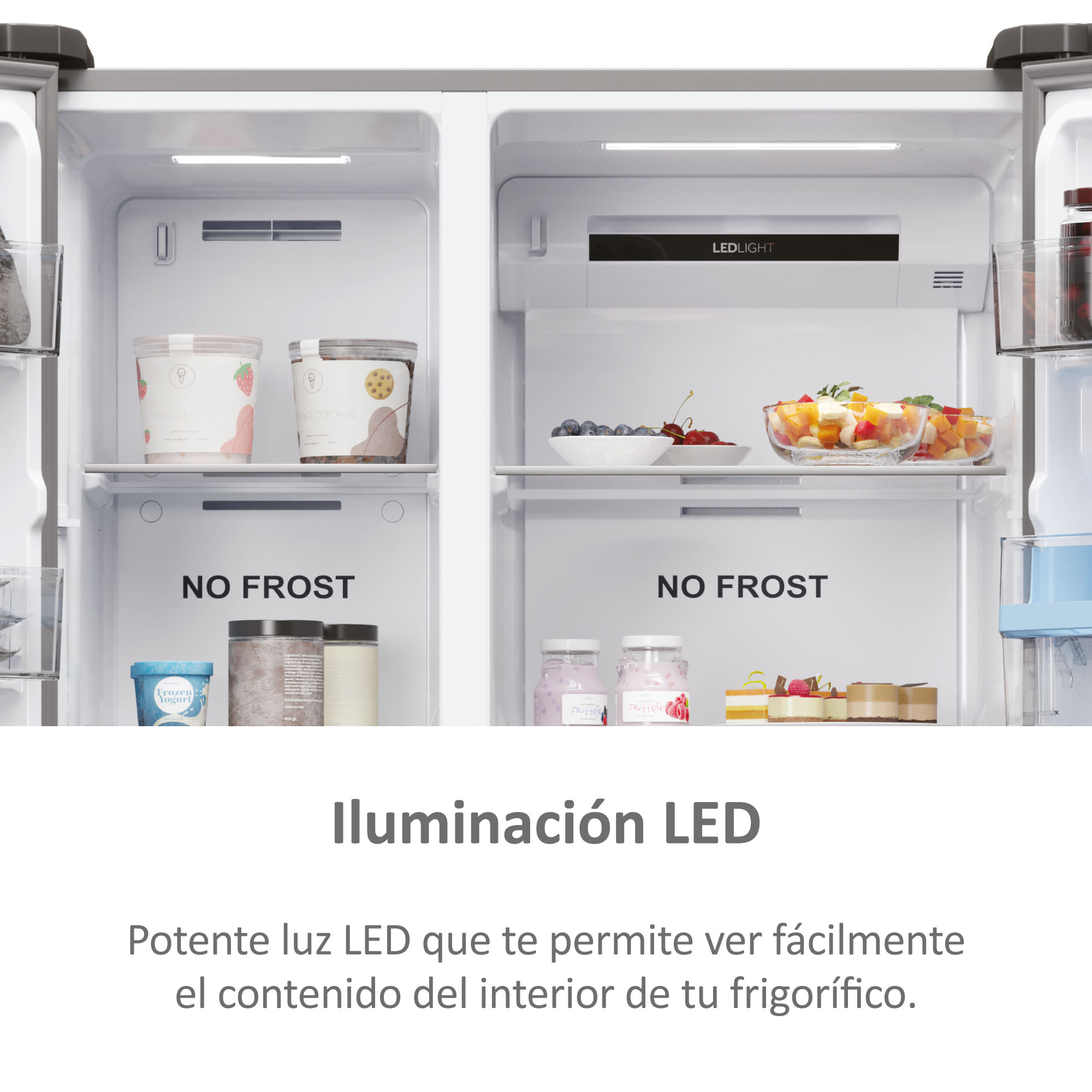 Interior de refrigerador con estantes, alimentos e iluminación LED. Blanco y plata.