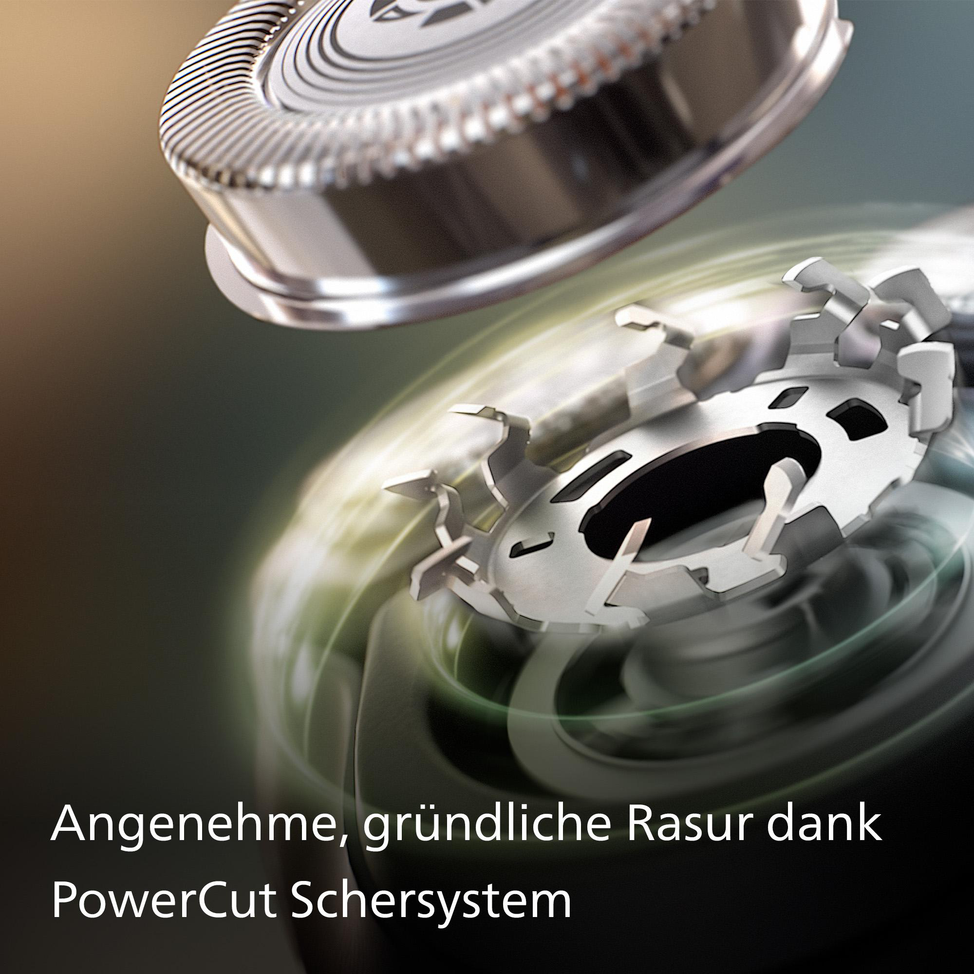 Nahaufnahme von Rasierklingen. Text: PowerCut-Rasiersystem.