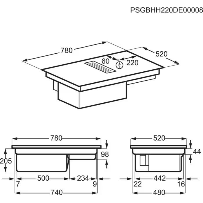 Fekete beépített indukciós főzőlap diagramja méretekkel. Felülnézet és oldalsó nézetek.