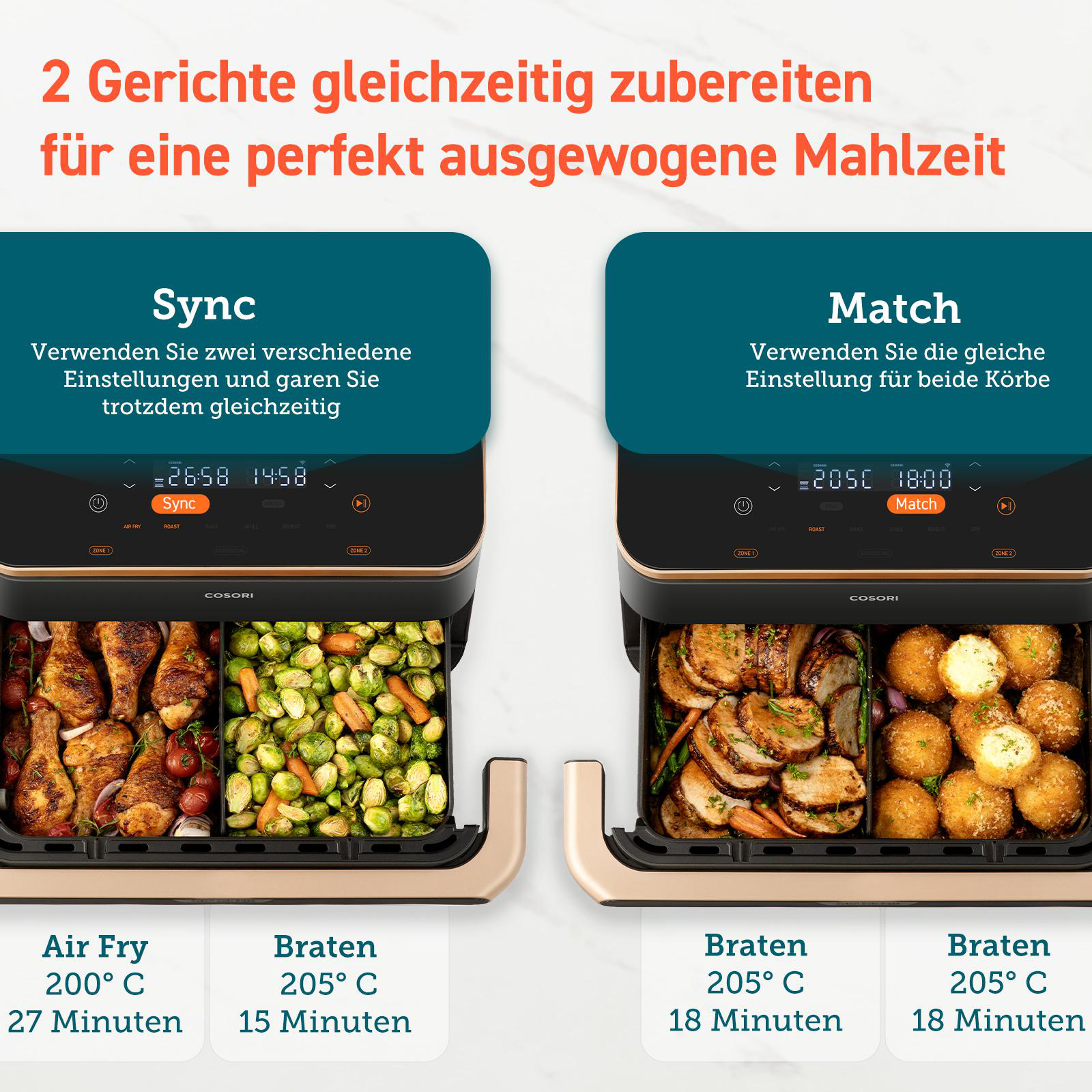 Zwei Heißluftfritteusen mit Einstellungen für Sync und Match, mit Speisen und Garzeiten.