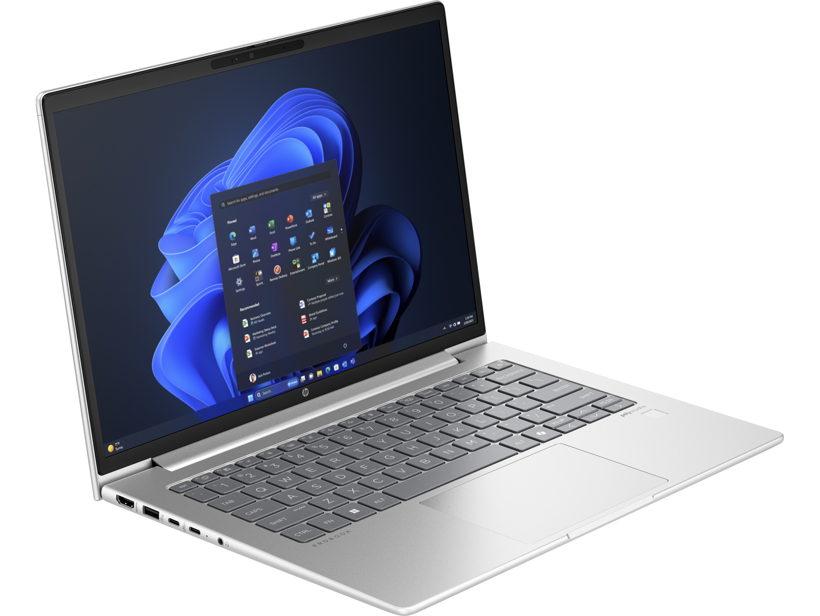 Un portátil HP plateado con tapa cerrada, mostrando una interfaz de Windows 11 en la pantalla.