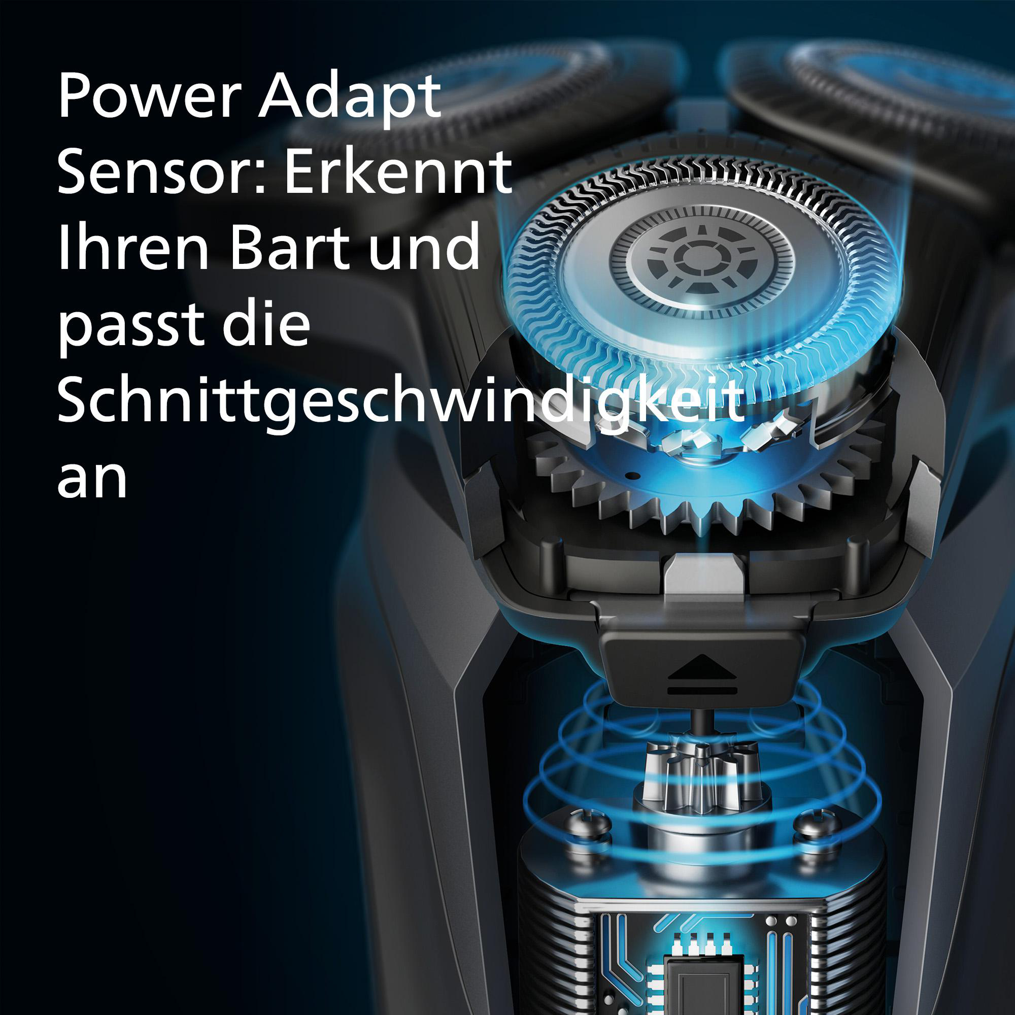 Nahaufnahme eines schwarzen Elektrorasierers mit blauen Leuchtdetails. Text hebt Sensor hervor.