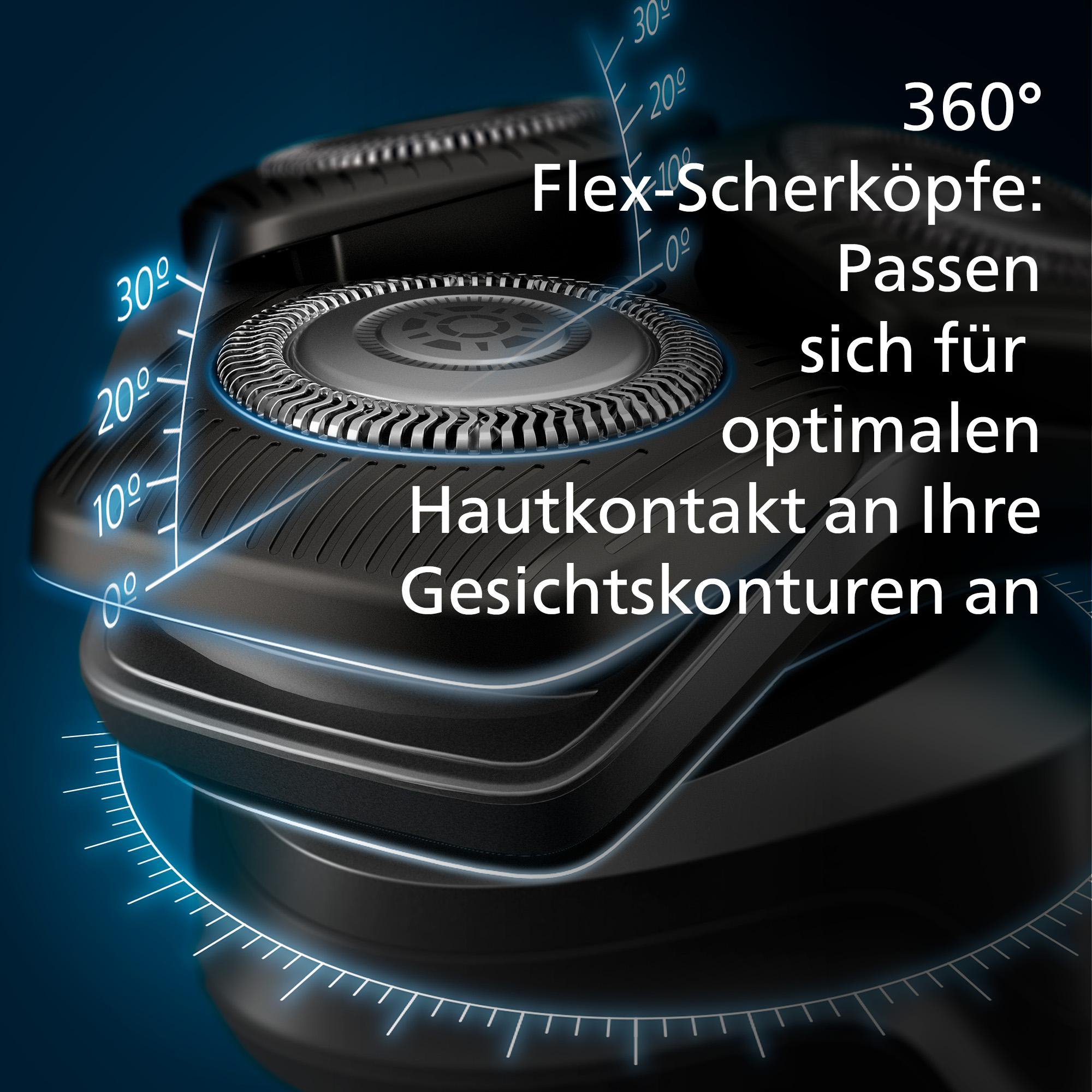 Nahaufnahme eines Rasiererkopfes, der Flex-Funktionen und 360°-Bewegung zeigt.