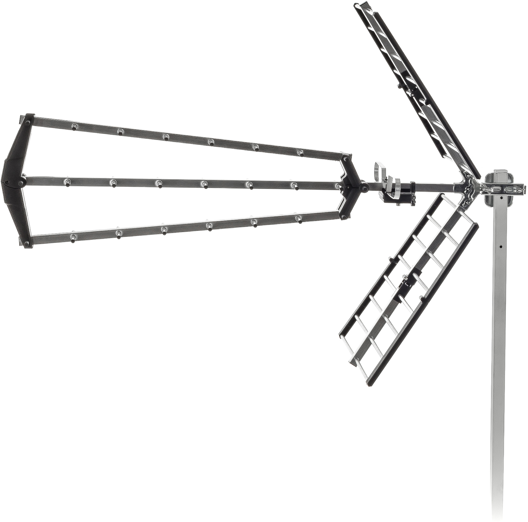 Egy antenna több karral fehér háttéren. Az antenna ezüst színű.