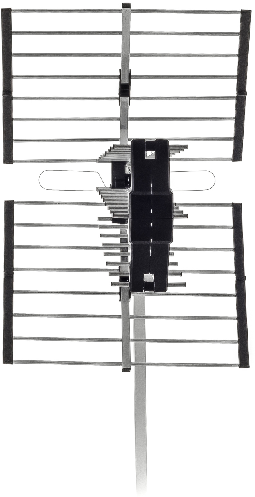 Ezüst és fekete antenna. Több vízszintes sávval és egy központi tartószerkezettel rendelkezik.