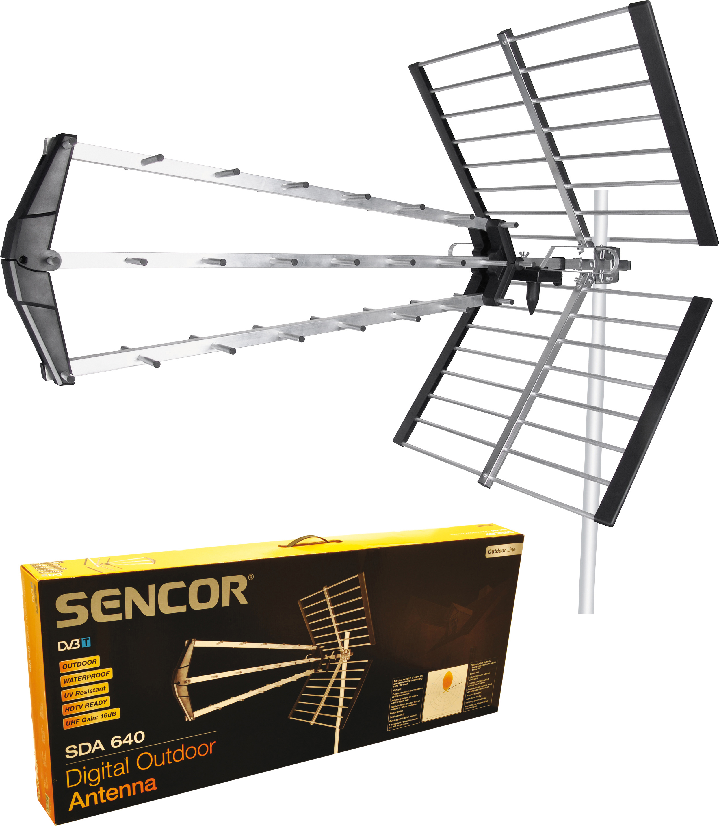 Külső digitális antenna dobozzal. Az antenna fémből van, a doboz sárga.