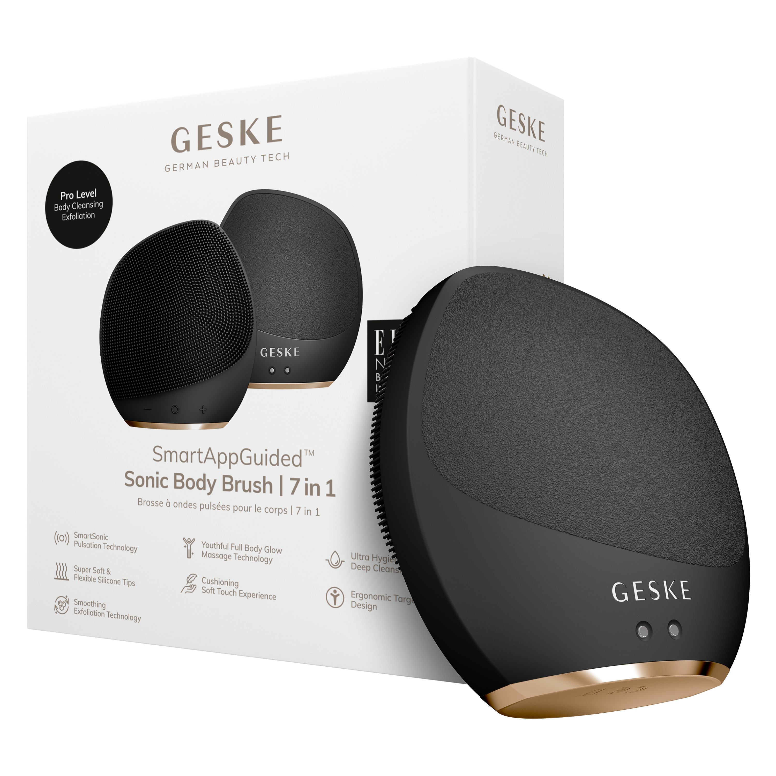 Geske Sonic Body Brush 7'si 1 Arada kutusu ve cihazı. Siyah ve altın renkleri. Beyaz zemin.
