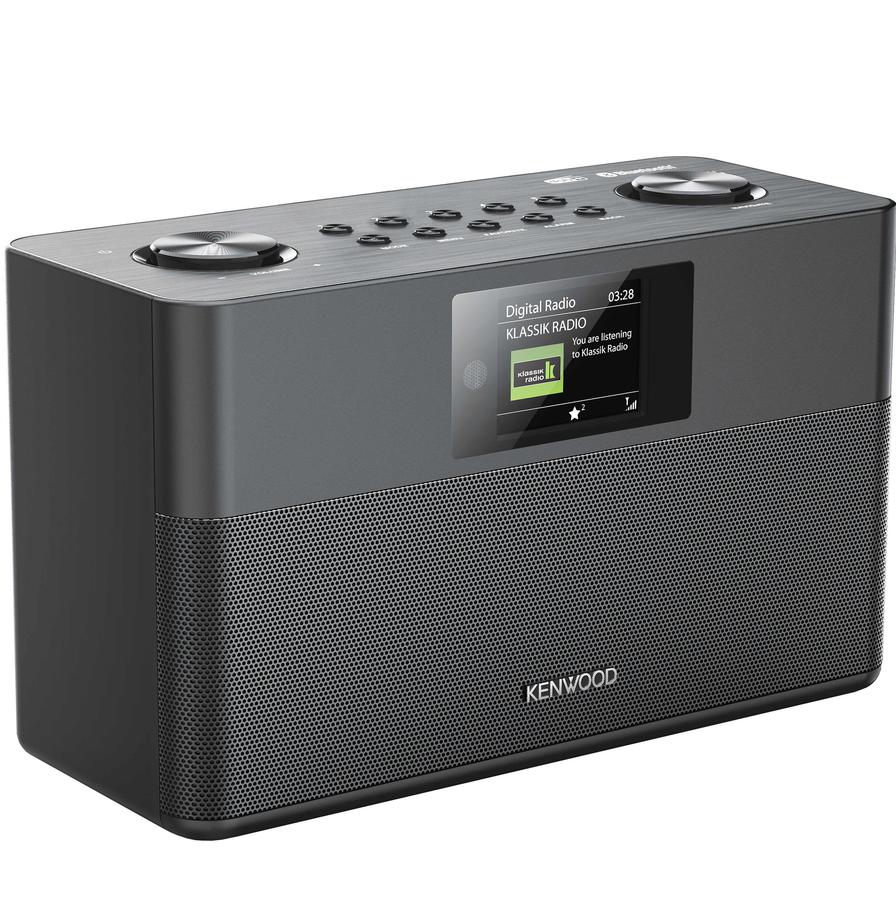 Ein schwarzes Kenwood-Radio mit Bildschirm, das Radioinformationen anzeigt. Es hat einen Gitterlautsprecher.