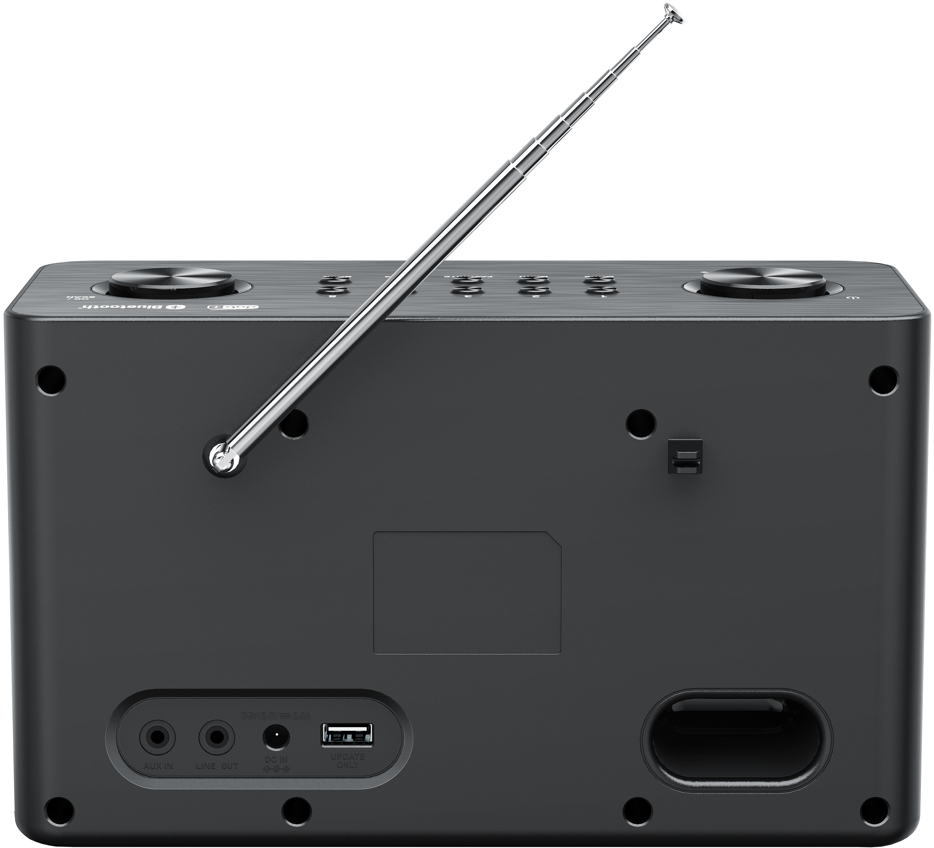Ein schwarzes Radio mit einer silbernen Antenne. Die Rückseite hat Aux-Eingang, Line-Ausgang, einen USB-Anschluss und einen Lautsprecher.