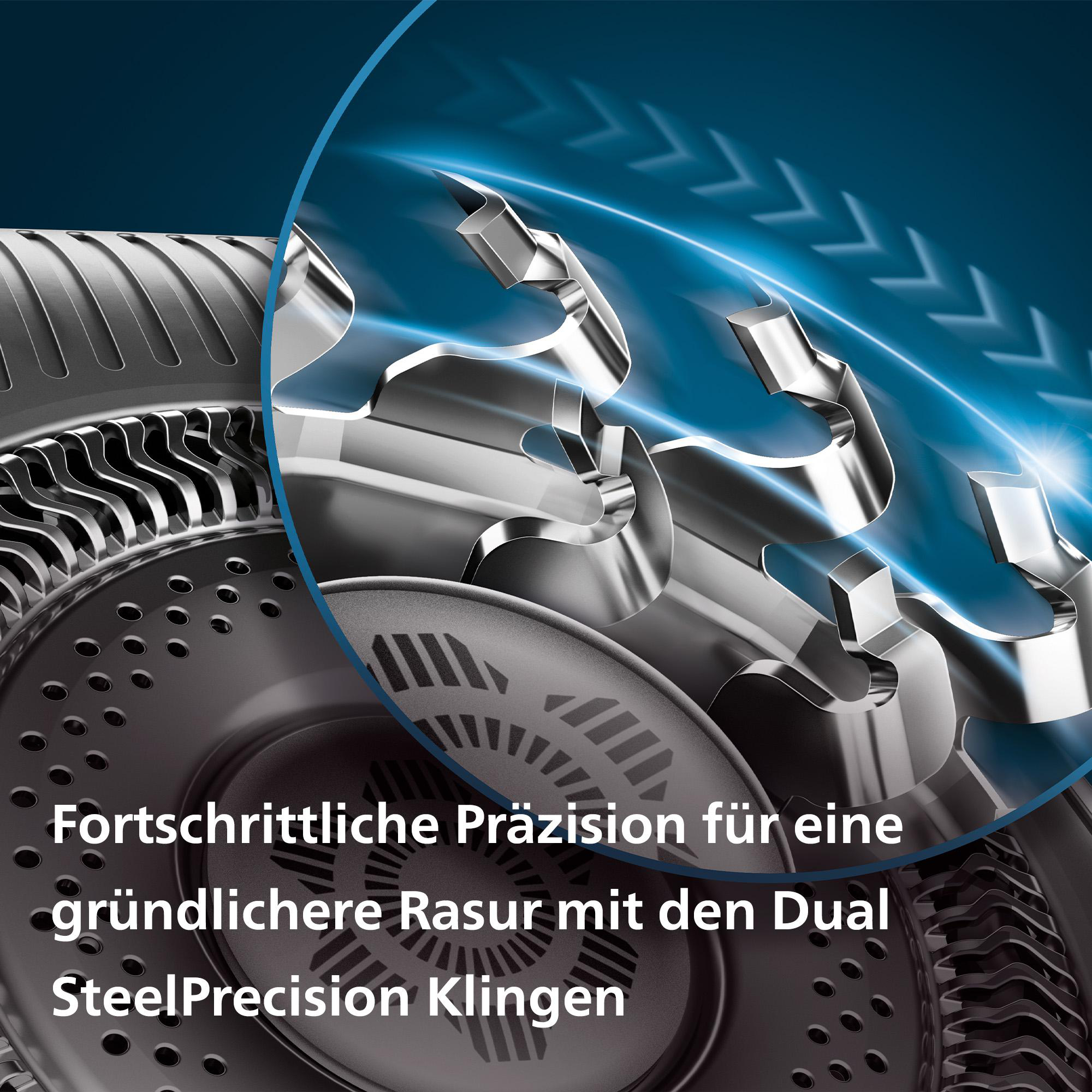 Nahaufnahme von Elektrorasiererklingen mit deutschem Text.