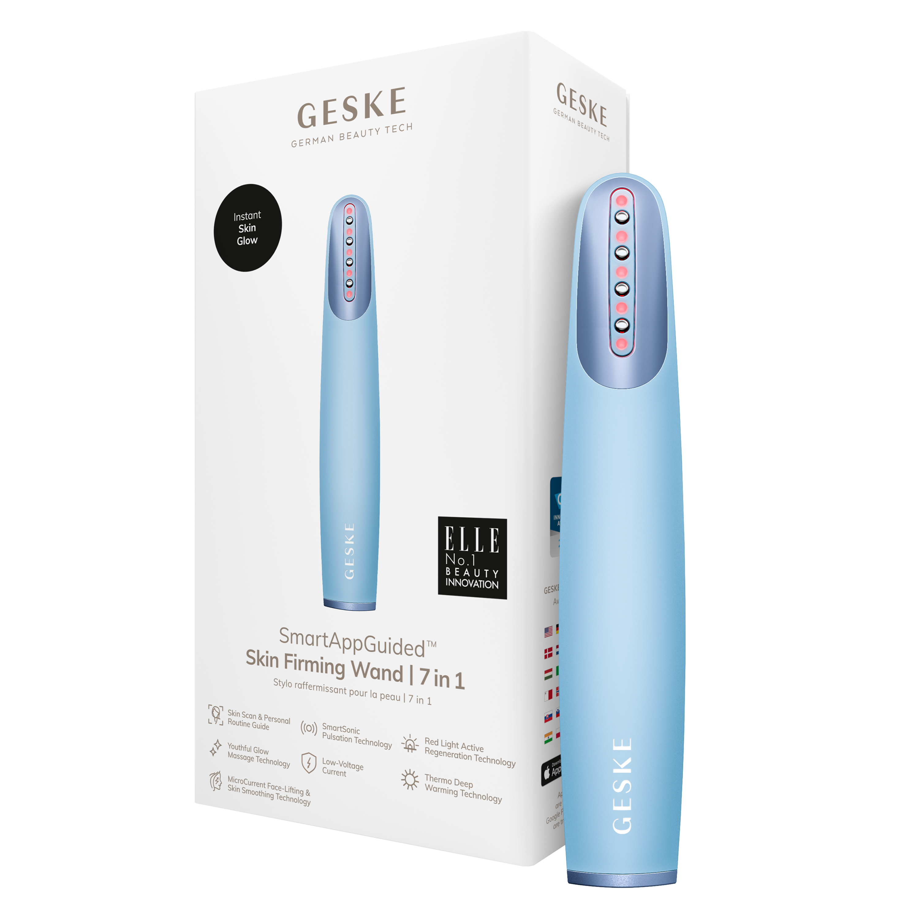 Mavi cilt sıkılaştırma çubuğu ve kutusu. Metinde 'Skin Firming Wand' ve 'Instant Skin Glow' yazıyor.
